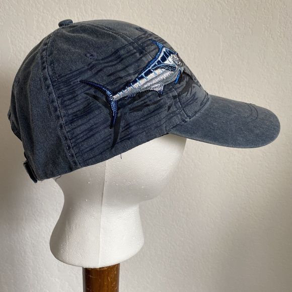 FLYING FISHERMAN Ball Cap Denim Blue Cotton Embroidered MARLIN Adjustable Hat - Picture 2 of 11